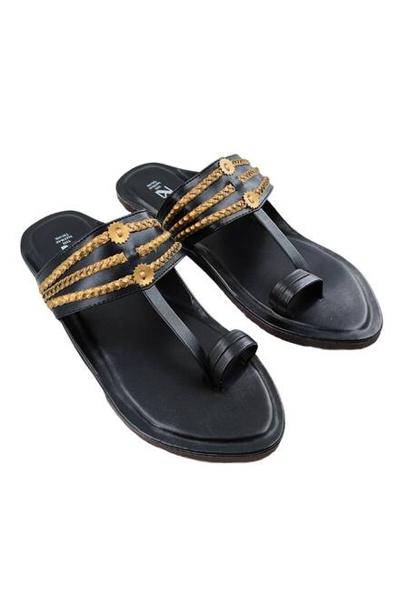 The Madras Trunk_Black Faux Leather Braided Strap Kolhapuri Flats _Online_at_Aza_Fashions