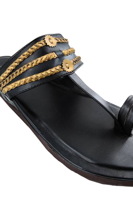 Shop_The Madras Trunk_Black Faux Leather Braided Strap Kolhapuri Flats _Online_at_Aza_Fashions