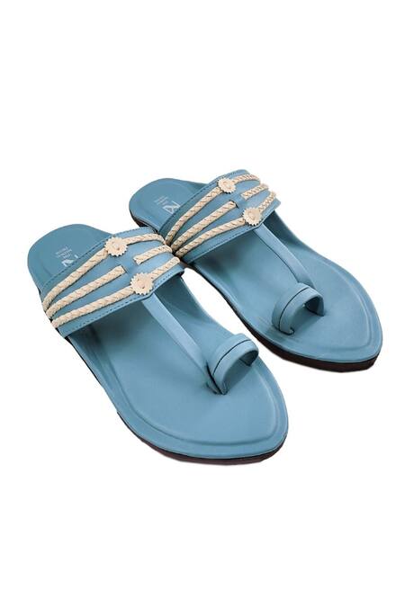 The Madras Trunk Blue Woven Contrast Braided Strap Kolhapuri Flats Online at Aza Fashions The Madras Trunk_Blue Woven Contrast Braided Strap Kolhapuri Flats _Online_at_Aza_Fashions