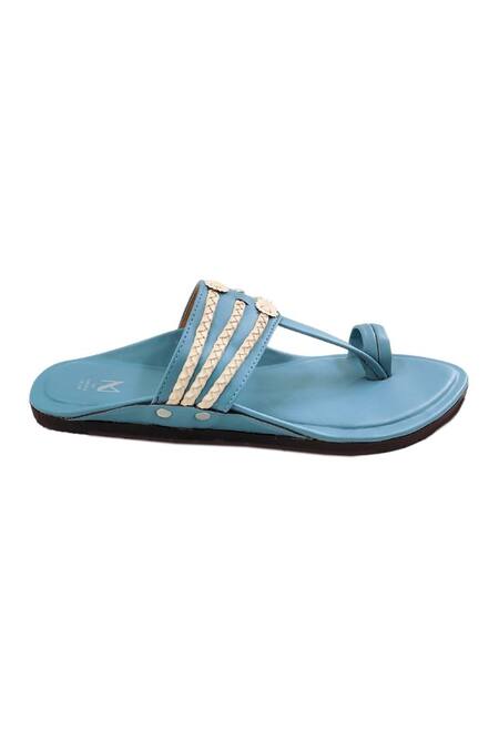 The Madras Trunk Blue Woven Contrast Braided Strap Kolhapuri Flats at Aza Fashions The Madras Trunk_Blue Woven Contrast Braided Strap Kolhapuri Flats _at_Aza_Fashions
