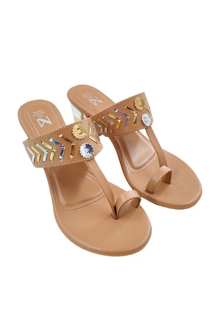 The Madras Trunk Tan Brown Kolhapuri Metallic Cutwork Heels 