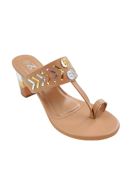 The Madras Trunk_Brown Tan Kolhapuri Metallic Cutwork Heels _Online_at_Aza_Fashions