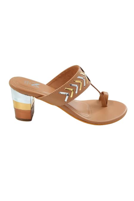 Shop_The Madras Trunk_Brown Tan Kolhapuri Metallic Cutwork Heels _Online_at_Aza_Fashions