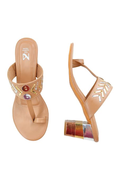 The Madras Trunk_Brown Tan Kolhapuri Metallic Cutwork Heels _at_Aza_Fashions