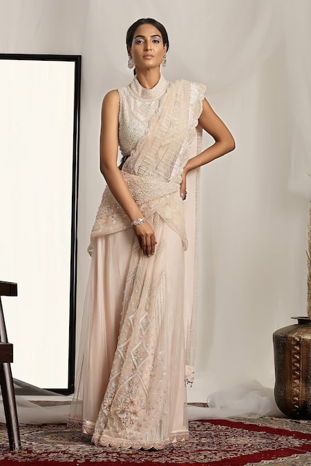 HOUSE OF SUPRIYA Floral Embroidered Pre-Draped Saree With Blouse 