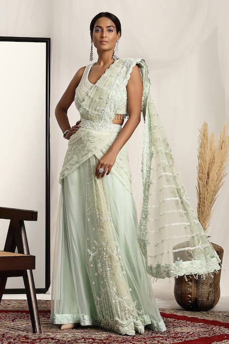 HOUSE OF SUPRIYA Embroidered Pre-Draped Saree & Blouse Set 