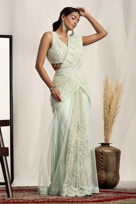 House Of Supriya_Green Net Beads, Pearls Asymmetric Embroidered Pre-draped Saree And Blouse Set _Online_at_Aza_Fashions