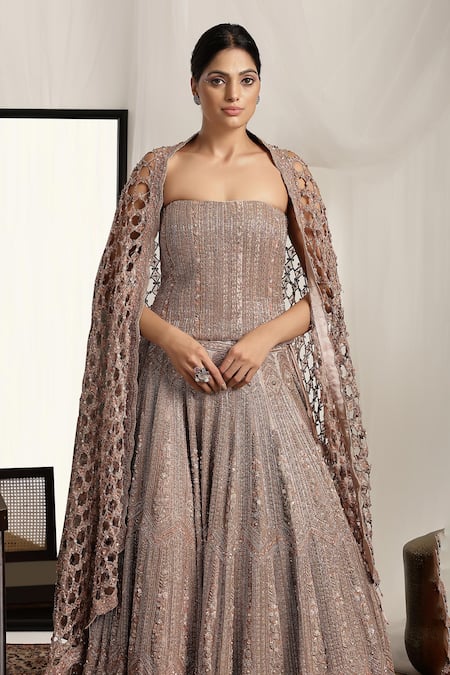 House Of Supriya_Gold Tissue Sequins, Cut Work Off-shoulder Floral Embroidered Lehenga Set _Online_at_Aza_Fashions