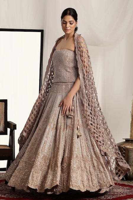 Buy_House Of Supriya_Gold Tissue Sequins, Cut Work Off-shoulder Floral Embroidered Lehenga Set _Online_at_Aza_Fashions