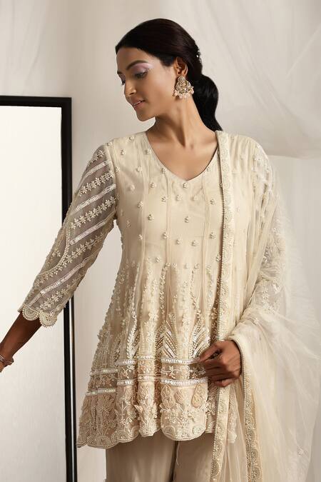 House Of Supriya_Ivory Net Sequins, Pearls, Beads V-neck Floral Embroidered Gharara Kurta Set _Online_at_Aza_Fashions