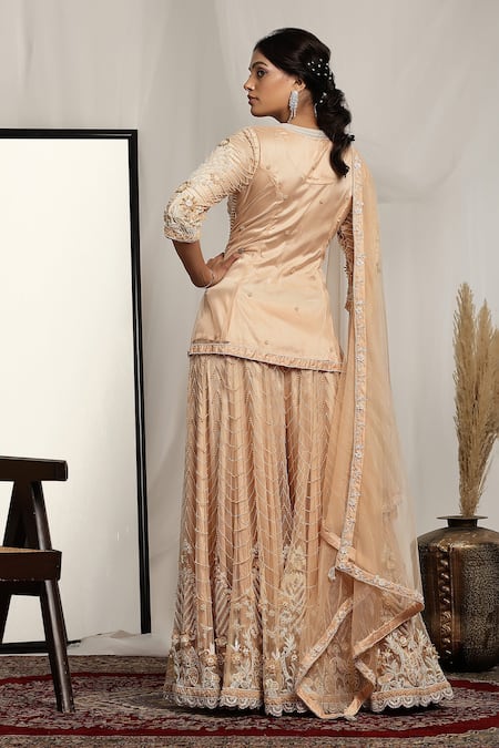 Shop House Of Supriya Peach Net Pearls, Beads, Sequins Keyhole Floral Embroidered Sharara Kurta Set at Aza Fashions Shop_House Of Supriya_Peach Net Pearls, Beads, Sequins Keyhole Floral Embroidered Sharara Kurta Set _at_Aza_Fashions
