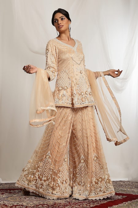 House Of Supriya Peach Net Pearls, Beads, Sequins Keyhole Floral Embroidered Sharara Kurta Set Online at Aza Fashions House Of Supriya_Peach Net Pearls, Beads, Sequins Keyhole Floral Embroidered Sharara Kurta Set _Online_at_Aza_Fashions