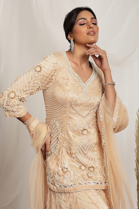Buy House Of Supriya Peach Net Pearls, Beads, Sequins Keyhole Floral Embroidered Sharara Kurta Set Online at Aza Fashions Buy_House Of Supriya_Peach Net Pearls, Beads, Sequins Keyhole Floral Embroidered Sharara Kurta Set _Online_at_Aza_Fashions