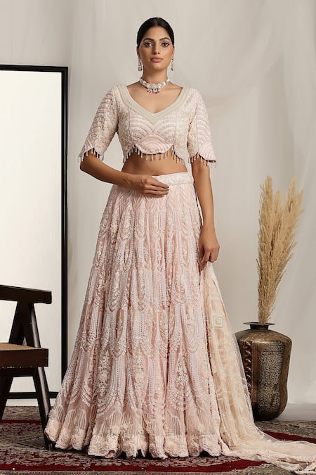 House Of Supriya_Pink Net Pearls, Sequins, Beads, Tassels Floral Embroidered Baby Lehenga Set _Online_at_Aza_Fashions