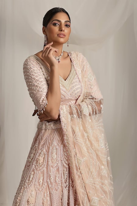 Buy_House Of Supriya_Pink Net Pearls, Sequins, Beads, Tassels Floral Embroidered Baby Lehenga Set _Online_at_Aza_Fashions