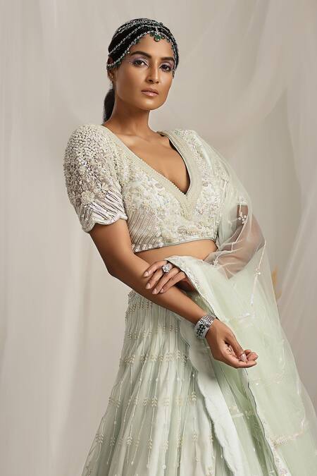 House Of Supriya_Green Net Pearls, Sequins, Beads, Embroidery Plunge Floral Sea Lehenga Set _Online_at_Aza_Fashions
