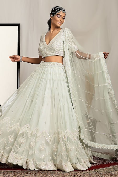 Buy_House Of Supriya_Green Net Pearls, Sequins, Beads, Embroidery Plunge Floral Sea Lehenga Set _Online_at_Aza_Fashions