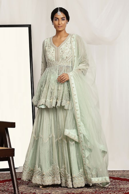 House Of Supriya_Green Net Pearls, Sequins, Beads V-neck Embroidered Scallop Hem Sharara Set _Online_at_Aza_Fashions