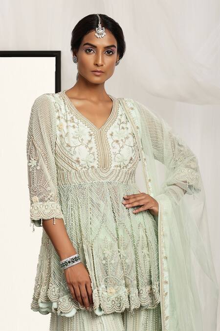 Buy_House Of Supriya_Green Net Pearls, Sequins, Beads V-neck Embroidered Scallop Hem Sharara Set _Online_at_Aza_Fashions
