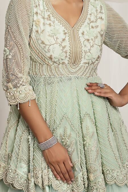 House Of Supriya_Green Net Pearls, Beads Asymmetric Floral Embroidered Peplum Kurta And Lehenga _Online_at_Aza_Fashions