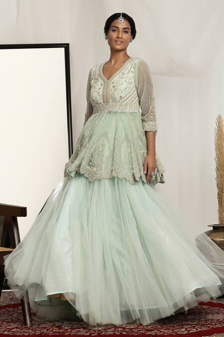 Buy_House Of Supriya_Green Net Pearls, Beads Asymmetric Floral Embroidered Peplum Kurta And Lehenga _Online_at_Aza_Fashions