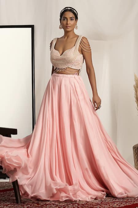 House Of Supriya_Pink Crepe, Silk, Net Pearls, Tassels Plunge Embroidered Blouse And Lehenga Set _Online_at_Aza_Fashions
