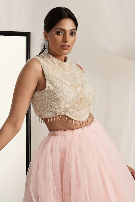 Buy_House Of Supriya_Pink Net, Silk Organza Pearls, Sequins, Embroidered Blouse And Ball Gown Lehenga _Online_at_Aza_Fashions