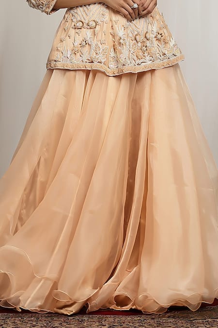 House Of Supriya Peach Net Pearls, Beads Embroidered Kurta And Lehenga Set Online at Aza Fashions House Of Supriya_Peach Net Pearls, Beads Embroidered Kurta And Lehenga Set _Online_at_Aza_Fashions