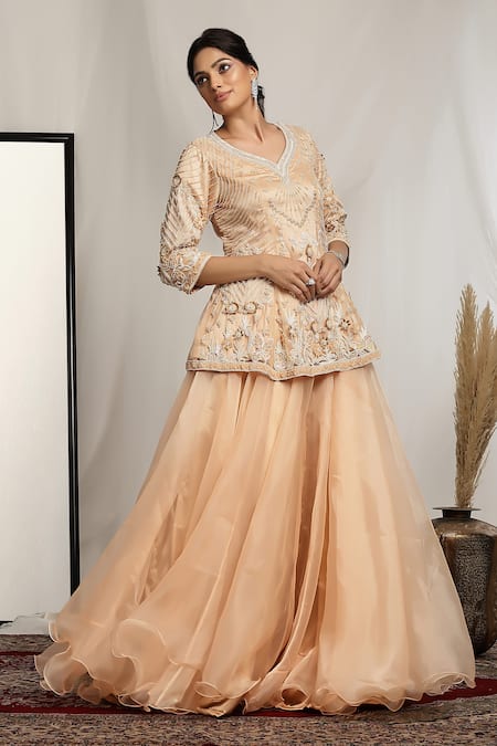 Buy_House Of Supriya_Peach Net Pearls, Beads Embroidered Kurta And Lehenga Set _Online_at_Aza_Fashions
