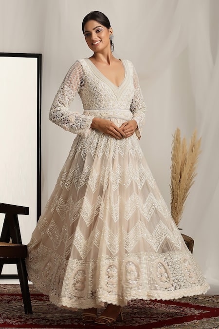 House Of Supriya_Ivory Pearls, Beads, Embroidery Floral Anarkali Dress _Online_at_Aza_Fashions