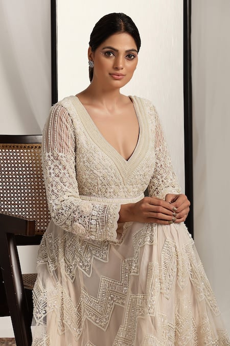Buy_House Of Supriya_Ivory Pearls, Beads, Embroidery Floral Anarkali Dress _Online_at_Aza_Fashions