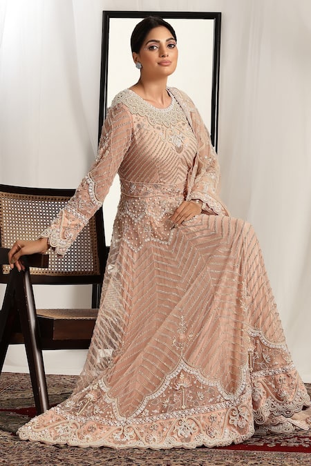 Buy_House Of Supriya_Pink Net Pearls, Sequins, Beads Round Neck Floral Embroidered Anarkali And Dupatta _Online_at_Aza_Fashions