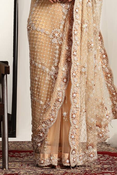 House Of Supriya_Peach Net Embroidery, Pearls, Tassels, Beads V-neck Scallop Hem Saree Set _Online_at_Aza_Fashions