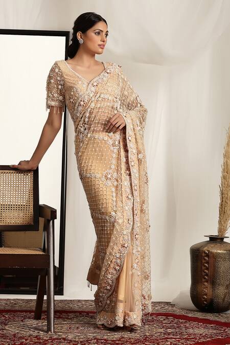 Buy_House Of Supriya_Peach Net Embroidery, Pearls, Tassels, Beads V-neck Scallop Hem Saree Set _Online_at_Aza_Fashions
