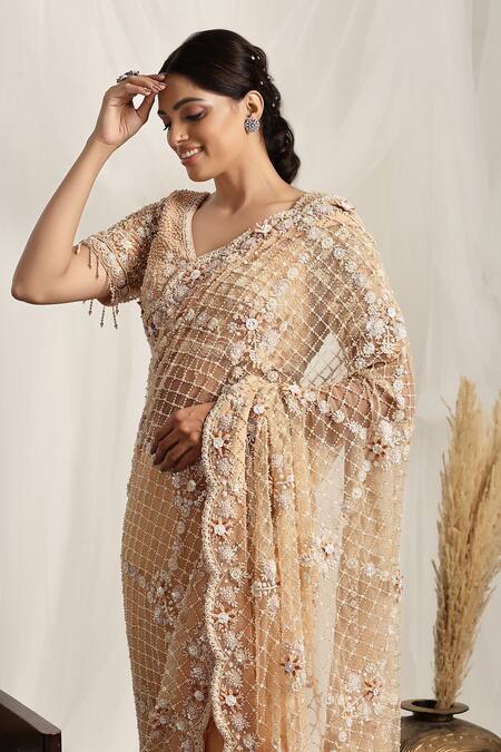Shop_House Of Supriya_Peach Net Embroidery, Pearls, Tassels, Beads V-neck Scallop Hem Saree Set _Online_at_Aza_Fashions