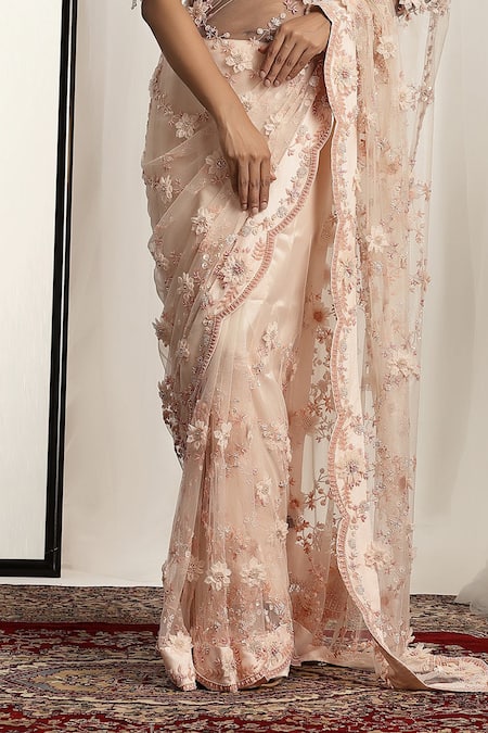 House Of Supriya_Pink Net Embroidery, Pearls, Tassels, Beads V-neck Floral Saree And Blouse _Online_at_Aza_Fashions