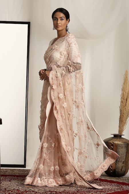 Buy_House Of Supriya_Pink Net Embroidery, Pearls, Tassels, Beads V-neck Floral Saree And Blouse _Online_at_Aza_Fashions