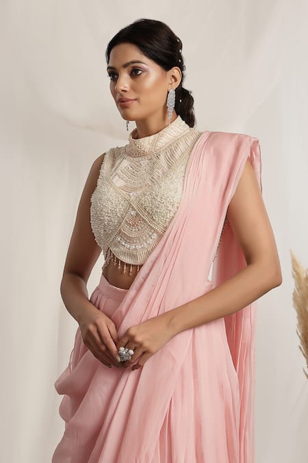 Buy_House Of Supriya_Cream Crepe, Net Pearls, Tassels, Beads, Embroidery Floral Pre-draped Saree Set _Online_at_Aza_Fashions
