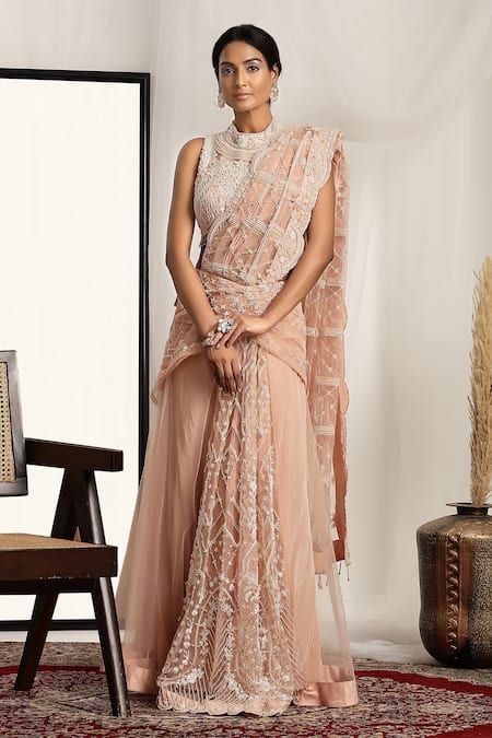 House Of Supriya Pink Net Beads, Tassels, Embroidery, Pearls Round Floral Pre-draped Saree Set Online at Aza Fashions House Of Supriya_Pink Net Beads, Tassels, Embroidery, Pearls Round Floral Pre-draped Saree Set _Online_at_Aza_Fashions