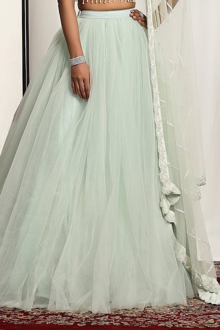 House Of Supriya Green Net Pearls, Beads Round Neck Floral Embroidered Lehenga Set Online at Aza Fashions House Of Supriya_Green Net Pearls, Beads Round Neck Floral Embroidered Lehenga Set _Online_at_Aza_Fashions