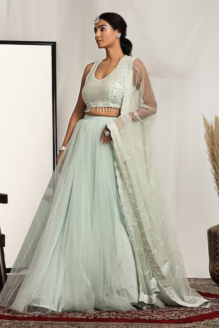 Buy_House Of Supriya_Green Net Pearls, Beads Round Neck Floral Embroidered Lehenga Set _Online_at_Aza_Fashions