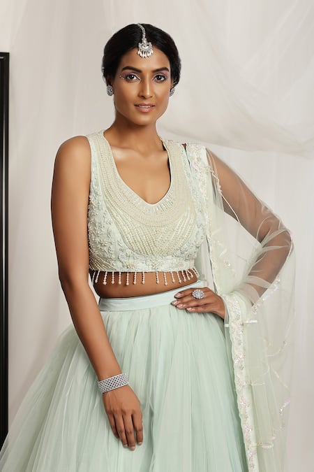 Shop_House Of Supriya_Green Net Pearls, Beads Round Neck Floral Embroidered Lehenga Set _Online_at_Aza_Fashions