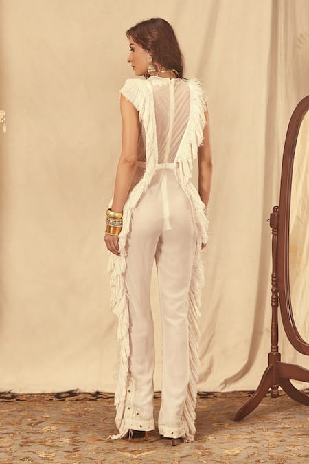 House Of Three Ivory Chikankari Embroidered Jumpsuit 