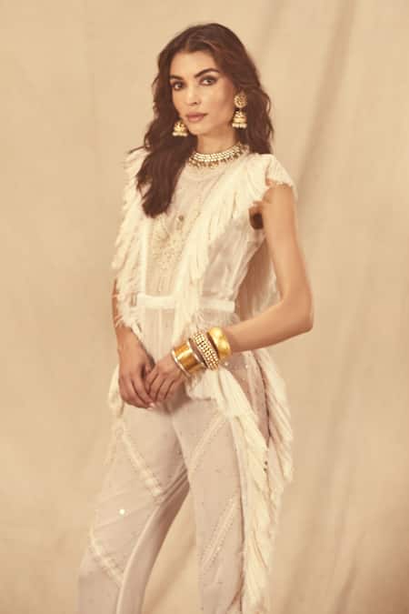 House Of Three_Ivory Silk, Chiffon Embroidery, Lace, Beads Round Neck Chikankari Jumpsuit _Online_at_Aza_Fashions