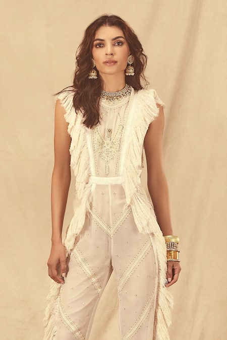 Buy_House Of Three_Ivory Silk, Chiffon Embroidery, Lace, Beads Round Neck Chikankari Jumpsuit _Online_at_Aza_Fashions
