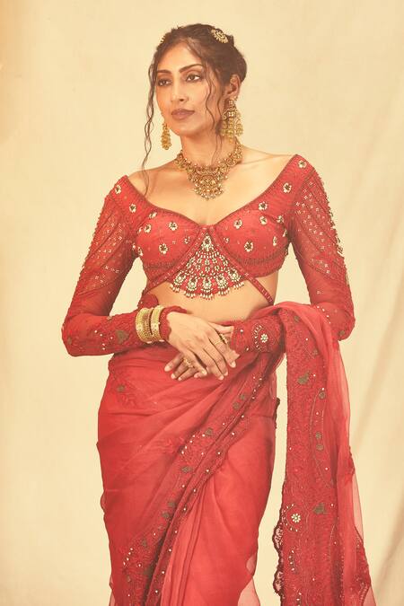 Buy_House Of Three_Red Silk Organza Beads, Zari Zardozi Embroidered Saree _Online_at_Aza_Fashions