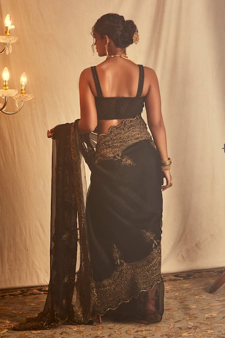 House Of Three Black Zardozi Embroidered Saree 