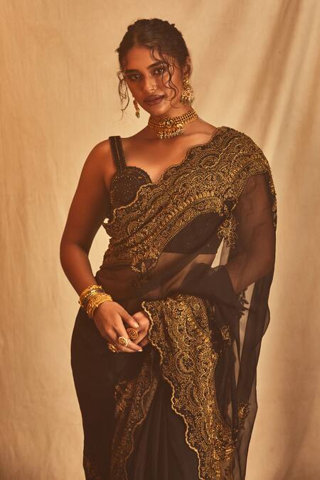House Of Three Black Silk Organza Beads, Zari Zardozi Embroidered Saree Online at Aza Fashions House Of Three_Black Silk Organza Beads, Zari Zardozi Embroidered Saree _Online_at_Aza_Fashions