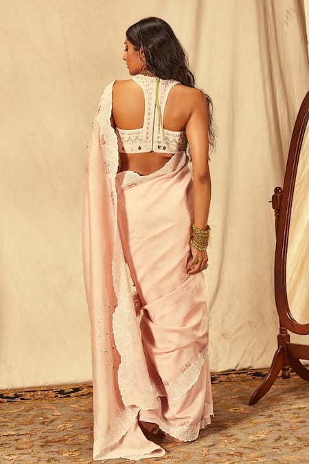 House Of Three Thread Embroidered Pink Saree 