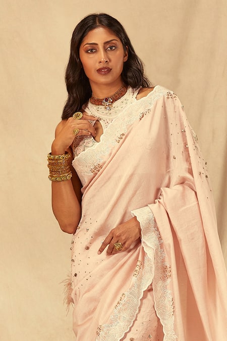 House Of Three_Pink Silk, Cotton, Chanderi Sequins, Beads, Feathers Thread Embroidered Saree _Online_at_Aza_Fashions
